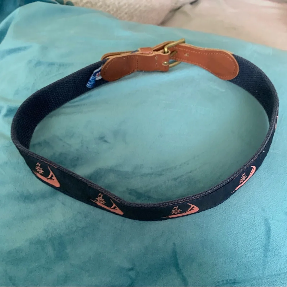 Preston boys navy cotton belt with brown leather. Embroidered boats. 24” long